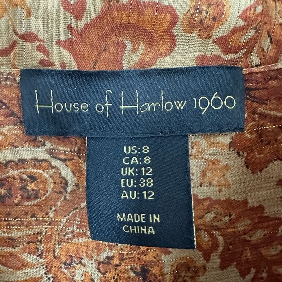 House of Harlow 1960 Paisley Orange/Tan Drawstring Waist Dress Sz 8 - Picture 10 of 11